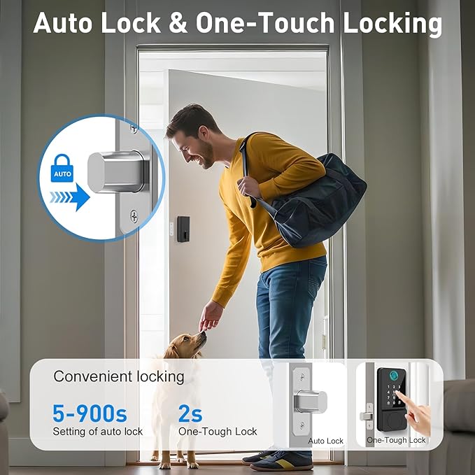 Smart Door Lock Keyless Entry with Fingerprint Touchscreen Keypad APP IC Card Key Type-C Charging Unlocking 6 In 1 Electric Biometric Digital Deadbolt for Front Doors Home Apartment Auto-Locking