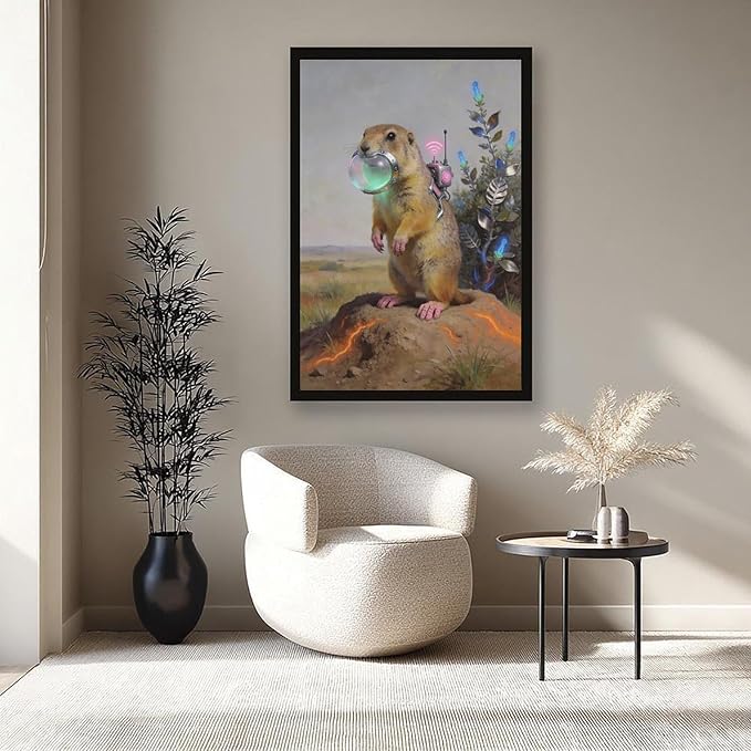 Framed Steampunk Mechanical Prairie Dog Wall Art - Retro-Futuristic Wilderness Poster for Living Room Game Room Decor 12x18in