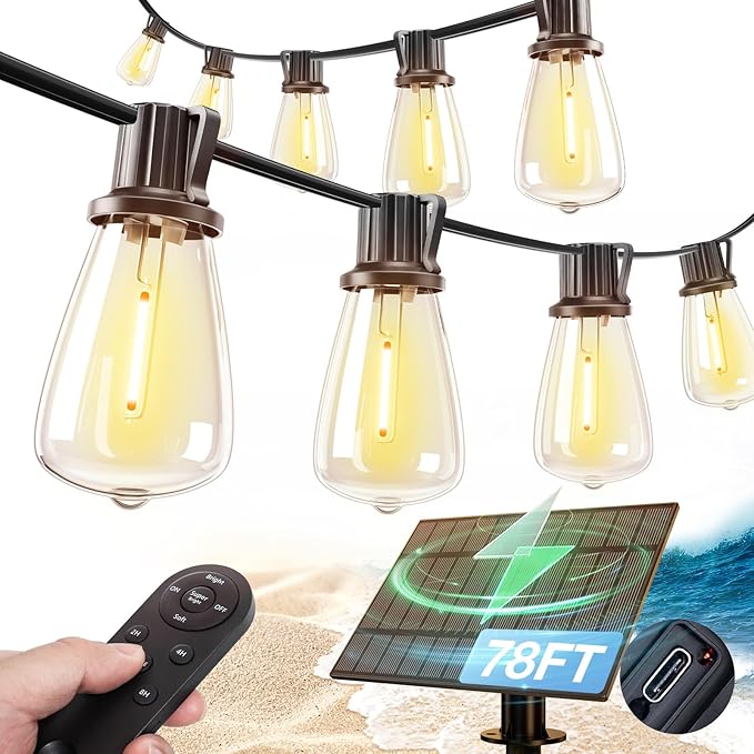addlon 78FT(72+6) Solar String Lights Outdoor, Waterproof Solar Powered Outside Lights with Remote & USB Port, ST38 LED Shatterproof Bulbs, Dimmable Solar Light for Camping Backyard Porch