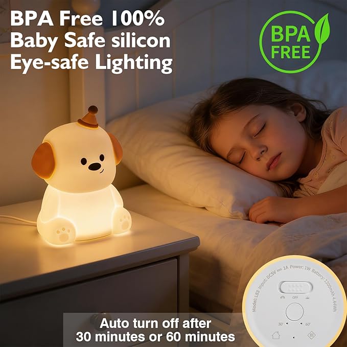 Puppy Silicone Night Light for Kids Baby, BPA-Free Safe Cute Lamp, 3 Brightness Dimmable RGB Color Changing, 30/60 Min Timer Tap Control Night Light for Nursery Bedroom Toddler Infant
