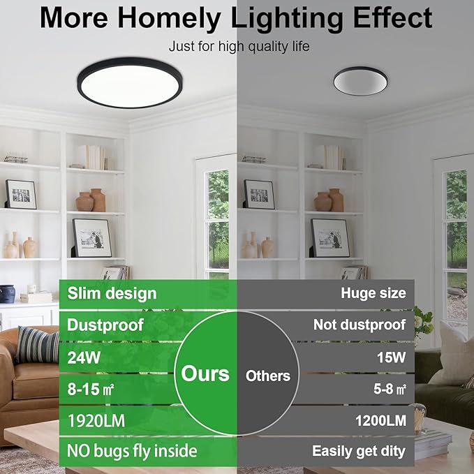 LED Flush Mount Ceiling Light: 12 inch 1Pack Super Slim Dimmable & 5CCT (2700-6500K) Kitchen Lighting Fixtures Ceiling - 24W Black Low Profile Ceiling Lamp for Bedroom Garage Hallway