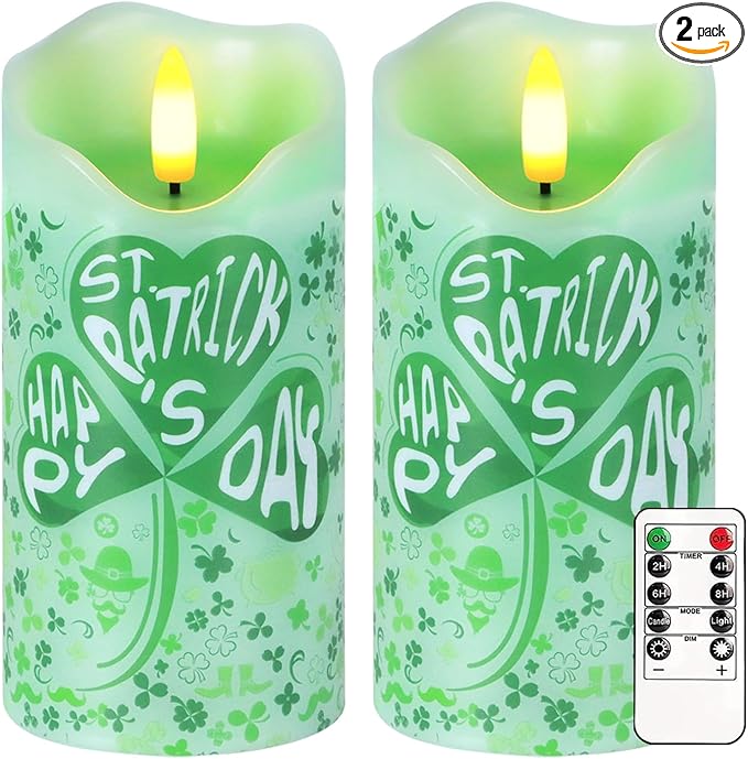 Flameless Candles Set of 2, 6"x3" Flickering Shamrock LED Candles with Remote & Timer, Real Wax St. Patrick's Day Electric Pillar Candles Battery Operated for Home St. Patrick's Day Decor (Clover)