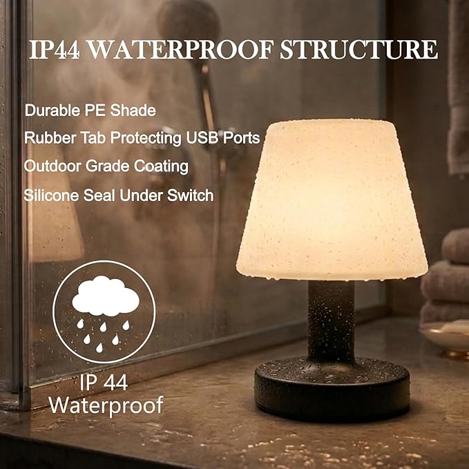 Cordless Table Lamp, Rechargeable Table Lamp, Waterproof Shower Lamp, 5200mAh Small Table Lamps, 3-Color Dimmable Touch Light, Portable Outdoor and indoor table lamp, Bedside night light (Black)