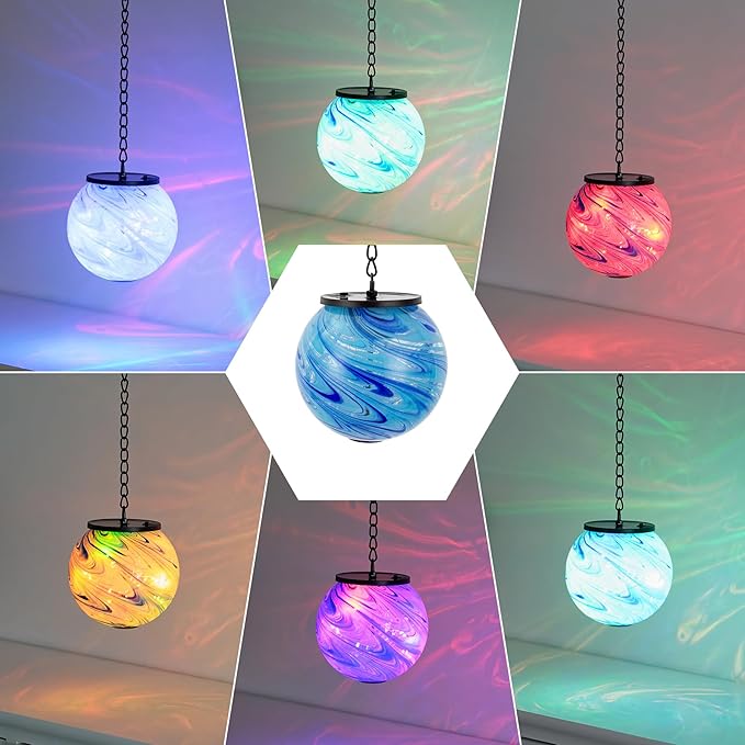 Solar Hanging Lanterns Outdoor, Solar Gazing Ball Lights, Waterproof Hanging Glass Light for Garden Yard Tree Home Xmas Decoration, Blue Swirl