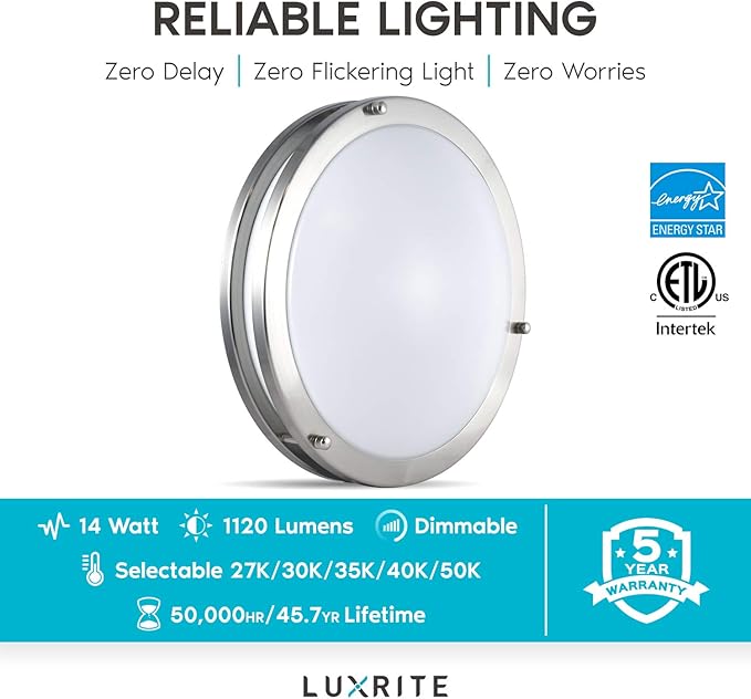 LUXRITE 12 Inch LED Flush Mount Ceiling Light, CCT Color Temperature Selectable 2700K | 3000K | 3500K | 4000K | 5000K, Dimmable Ceiling Light Fixture, 14W, 1120 Lumens, Energy Star, ETL Listed