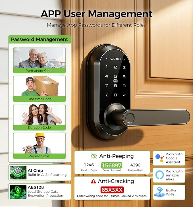 WiFi Smart Lock with Handle, Keyless Entry Door Lock for Front Door Lock Set with Alexa & Google Assistant, Voice Control & APP Remote, Fingerprint Keypad Door Lock with Handle,PIN Unlock,Auto Locking