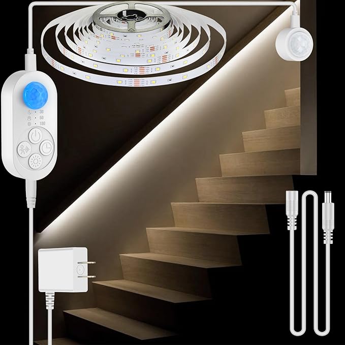 Dual Motion Sensor Light Indoor - Plug-in Motion Activated LED Stair Strip Step with Double Sensors, Dimmer and Timer for Stairway, Bedroom, Corridor (Cold White 6000K 16.4FT Light Strip)
