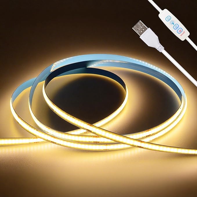 COB LED Strip Lights Warm 6.56ft, 5V Dimmable LED Light Strip, Flexible USB LED Strip for Cabinet, TV Backlighting, Bedroom, Kitchen, Home DIY Lighting