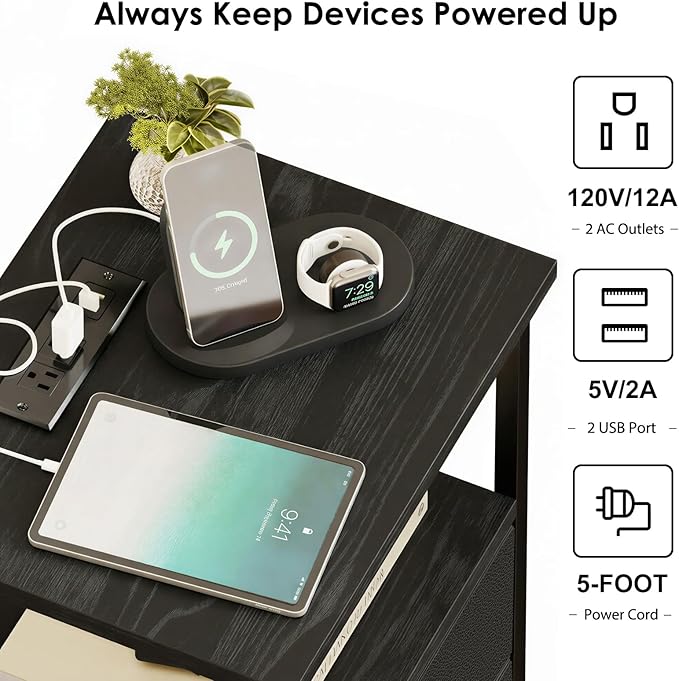 Fixwal Black Night Stand with Charger Station, Nightstand with Charging Station & Fabric Drawers