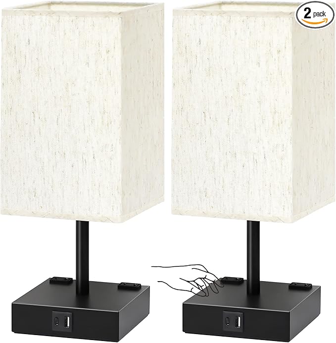Soilsiu Bedside Table Lamps Set of 2 - Touch Nightstand Lamp for Bedroom with USB C+A Charging Ports & AC Outlets, 3-Way Dimmable Desk Lamp Flaxen Fabric Shade for Living Room Office(Bulb Included)