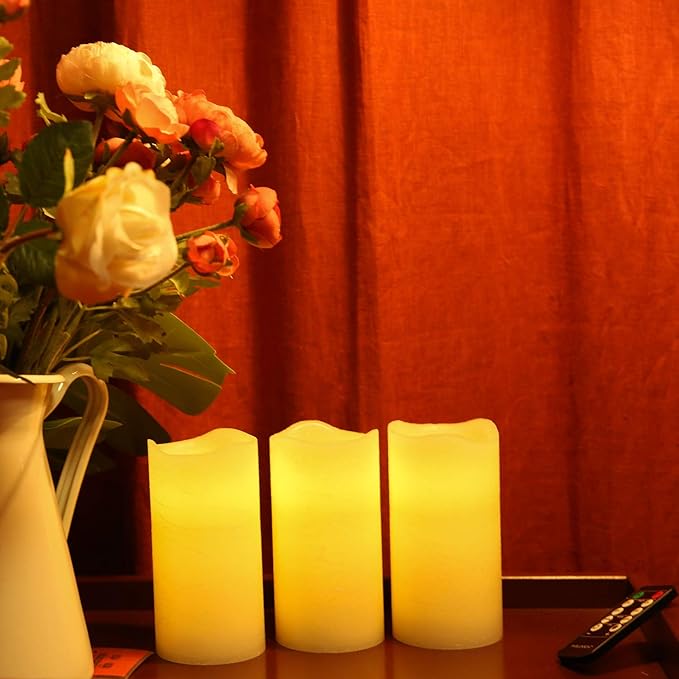 H-BLOSSOM Flameless Candles Battery Operated Real Wax Pillar LED Candles with 10 Key Remote Control Cycling 24 Hours Timer Set of 6 (3" x 6" Remote)