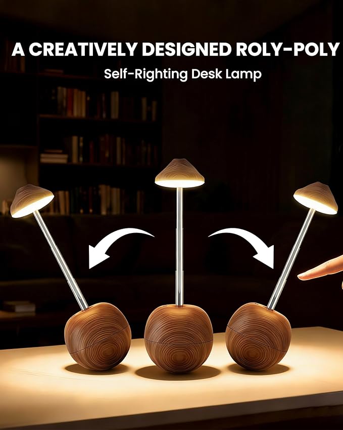 yadoker Tumbler Table Lamp with Remote, Cordless Touch Bedside Lamp, Rechargeable USB Small Lamp for Nightstand, Multiple Colors Dimmable Mushroom Shape Night Light for Nursery, Bedroom (Walnut)