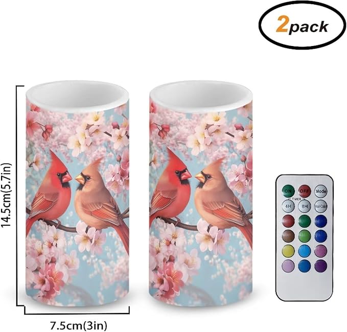Cardinal Flower Flameless Candles 2 Pack 6 x 3 inch Battery Operated Candles with Multicolor Timer Remote Control LED Fake Candles for Warm Light Dinner Table Home Decor