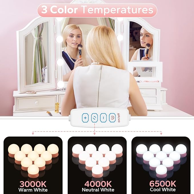 LED Vanity Lights For Mirror, Pink Vanity Light Stick on with 10 Dimmable Bulbs, 3000K 4000K 6500K & 10 Level Brightness Adjustable USB Cable Hollywood Mirror Lights for Makeup Dressing Room Bathroom