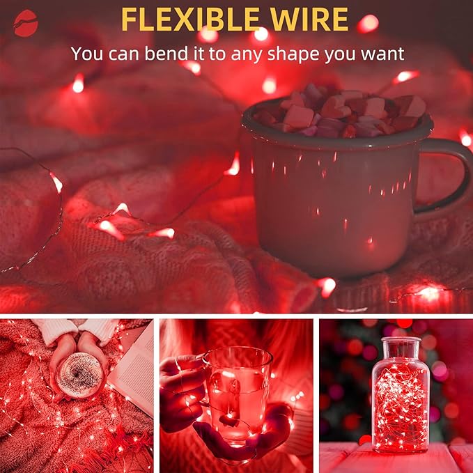 LAMPHOME 20 Pack red Fairy Lights, Battery Operated String Lights, 20 LED on 6.6FT Copper Wire Firefly Fairy for Wedding Party Mason Jar Christmas Bedroom Galentine's Day Valentine Day Decoration