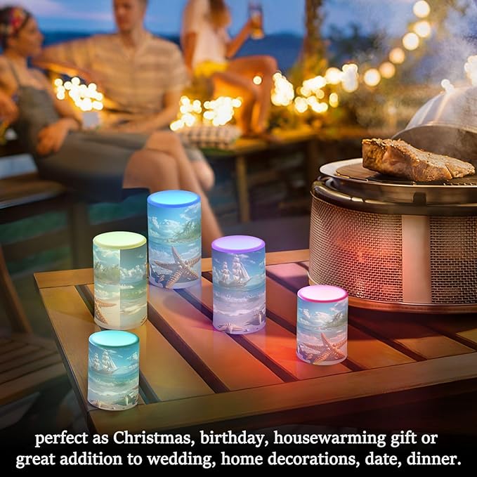 Starfish Pattern on Seaside Beach Flameless Candles Color Changing LED Candles with Remote Control Battery Candles for Outdoor and Indoor Home and Room Decoration, 3'' x 4''/5'' Set of 2 Pieces