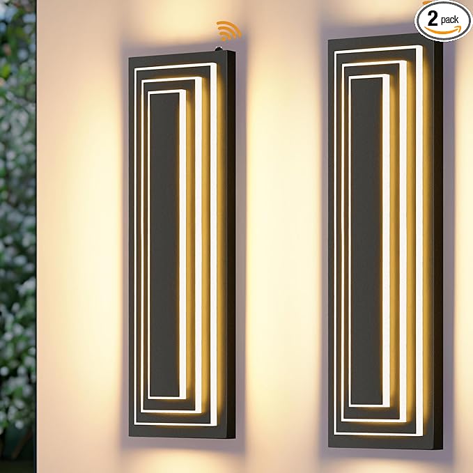 Dusk to Dawn Outdoor Led Wall Lights, 23.6 in Long Exterior Lighting Fixtures,Black Outdoor Sconce Lights,3-Tier Modern Porch Light,36W Warm White Outside Lights for House,Garage, Patio,2 PCS