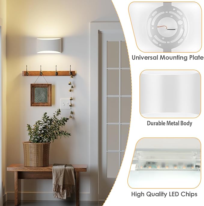 FOLKSMATE Modern LED Wall Sconces Set of 2, 3000K Warm White Up and Down Mount Light, White Hardwired Interior Wall Lights Lamp for Indoor Living Room Bedroom Hallway Basement Stairway