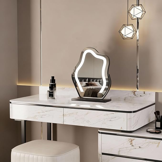Makeup Mirror with Lights - 17″ Cloud Shaped Smart Touch 3-Color Dimmable 360° Rotation Memory Metal Frame Plug-in AC Power Tabletop Vanity Mirror Gift for Women Teen Girls Black