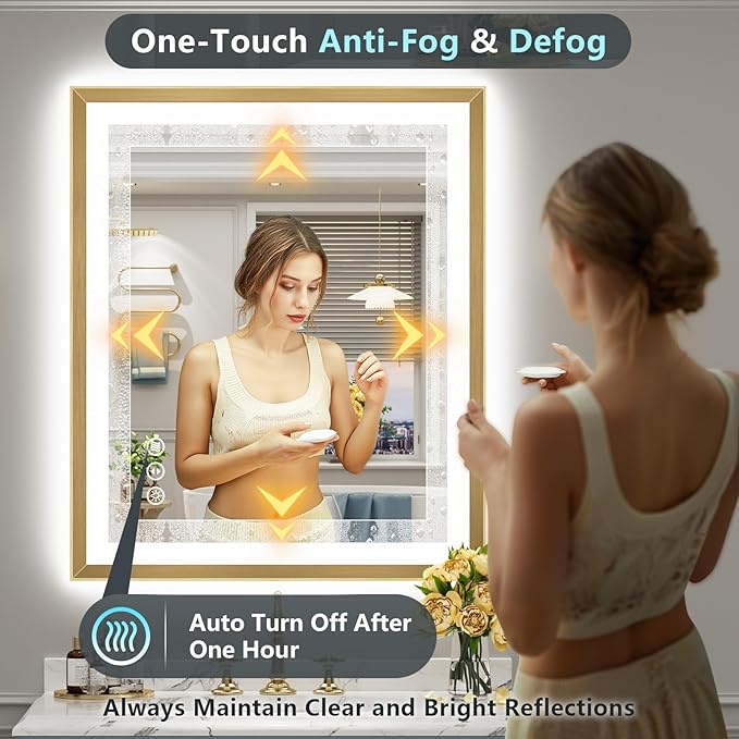 32x36 Gold Beveled LED Bathroom Mirror with Lights, Brushed Gold Framed Backlit and Front Lit Anti-Fog Lighted Vanity Mirrors for Bathroom Wall, Dimmable, 3 Colors, Memory, HD Tempered Glass