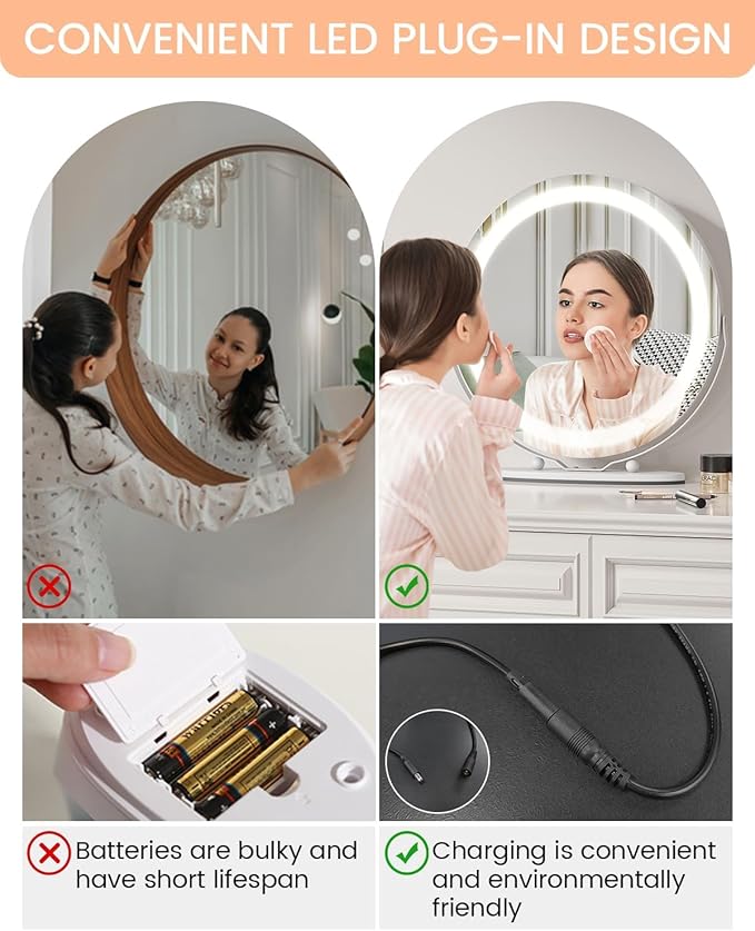 IDEALHOUSE 19 inch Makeup Mirror with Lights, Vanity Mirror with Smart Touch Control 3 Colors Dimmable Lights, 360°Rotation White Vanity Mirror for Bedroom, Tabletop and Desk Mirror
