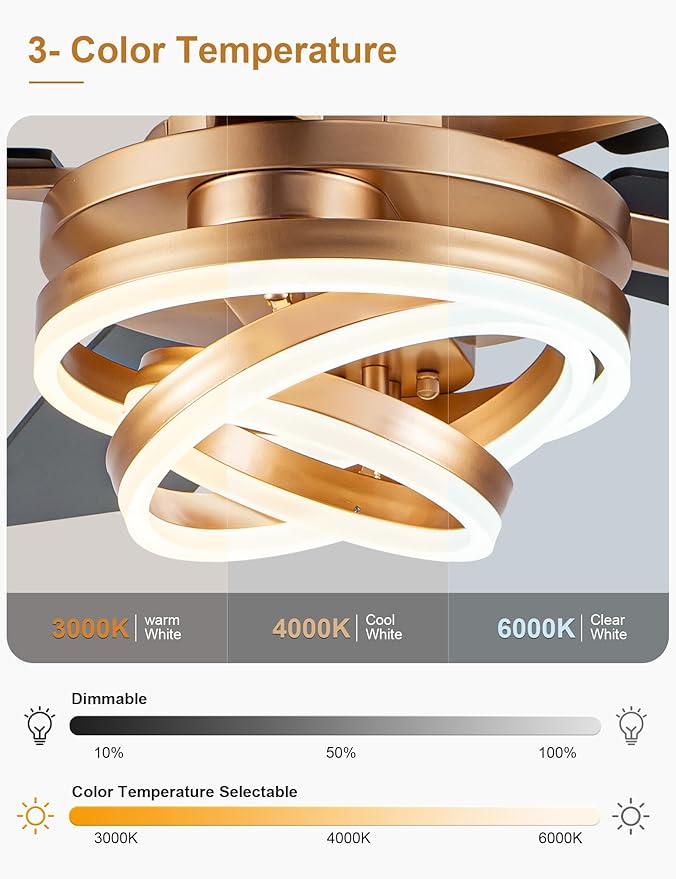 52" Gold Ceilling Fans with Lights Modern Chandelier Fan DC Motor Dimmable Led Fandelier Ceiling Fan with Light for Bedroom, Living Room