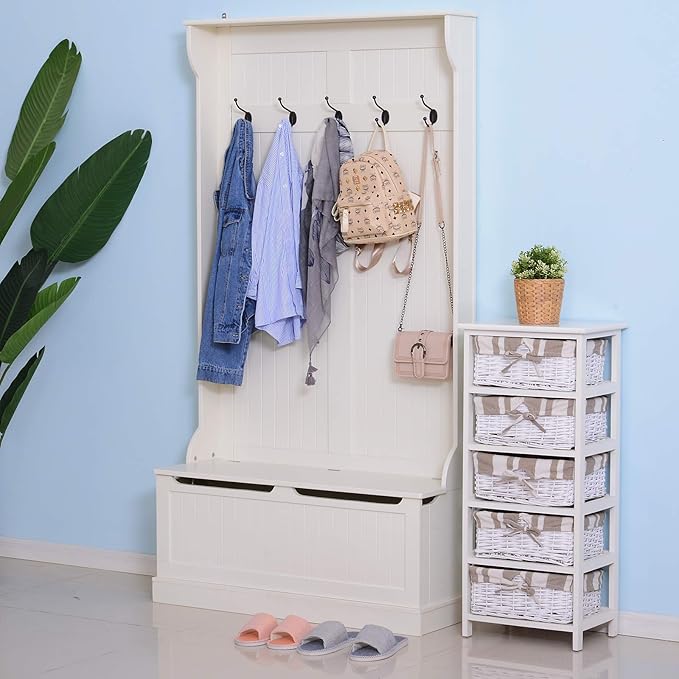 HOMCOM Hall Tree with Bench and Shoe Storage, 3-In-1 Entryway Bench with Coat Rack, 5 Hooks and Flip Top Storage Compartment, Cream White