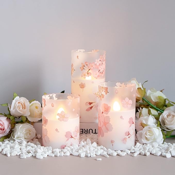 Flameless Flickering Glass Candles with Remote and Timer,Cherry Blossoms LED Battery Operated Real Wax Set of 3 Realistic Wick Electric Pillar Candles,Warm Fire(3 x 4, 5, 6 Inches)