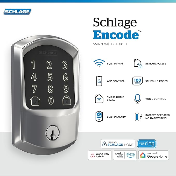 Schlage Encode Smart Wi-Fi Deadbolt Lock with Touchscreen Keypad, Keyless Front Door Entry, App Control, Alexa, Google Home and Airbnb Compatible, Bright Chrome, BE489WB GRW 625