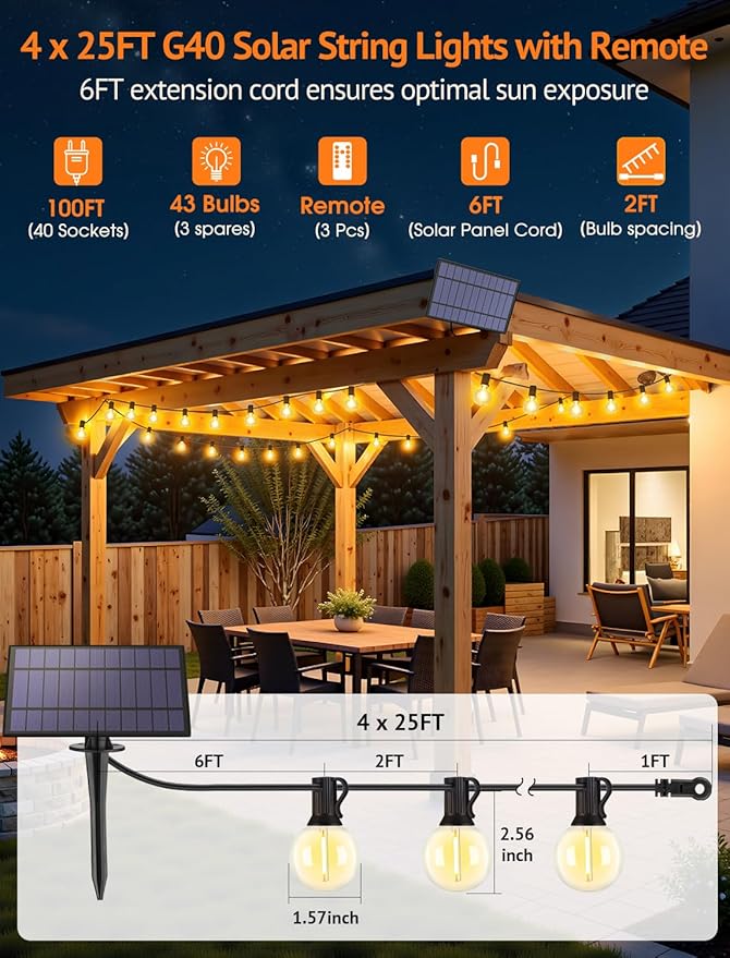 100FT(4x25FT) Solar String Lights Outdoor with Remote, Waterproof Dimmable 3 Modes Patio Light with 40+3 LED G40 Bulbs for Camping Porch-Black