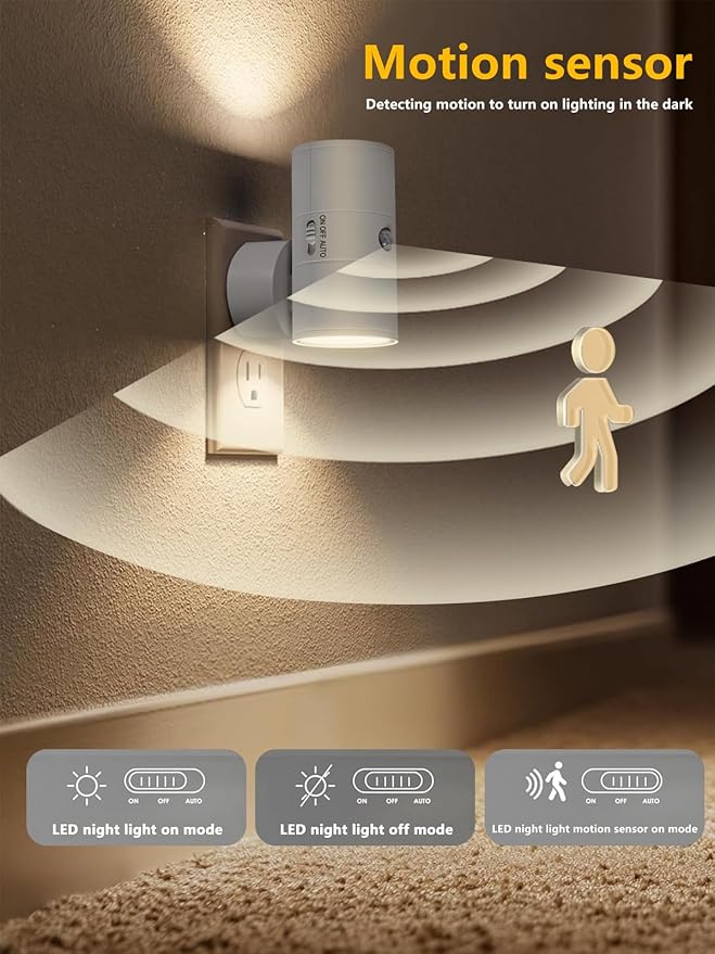 LED Night Lights Plug into Wall with Motion Sensor & Dusk to Dawn Sensor,3000K Warm White, Modern Plug in Nightlight for Bathroom, Hallway, Stairs (White)