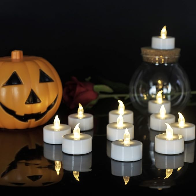 JUNPEI 50Pack Battery Tea Lights Candles- LED Tea Lights Realistic Bright Flickering Holiday Gift Operated Flameless LED Tea Light for Seasonal & Festival Celebration Warm White Lamp Battery Powered