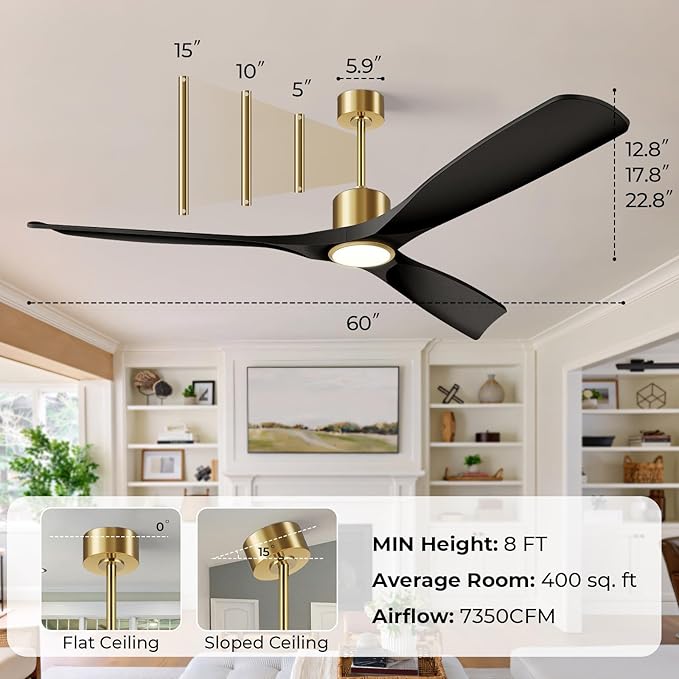 60" Smart Ceiling Fan with Lights,Black & Gold Ceiling Fan 3 Blade,Compatible with Alexa/Gg/App/Remote,6 Speed Quiet Reversible DC Motor for Patio Porch