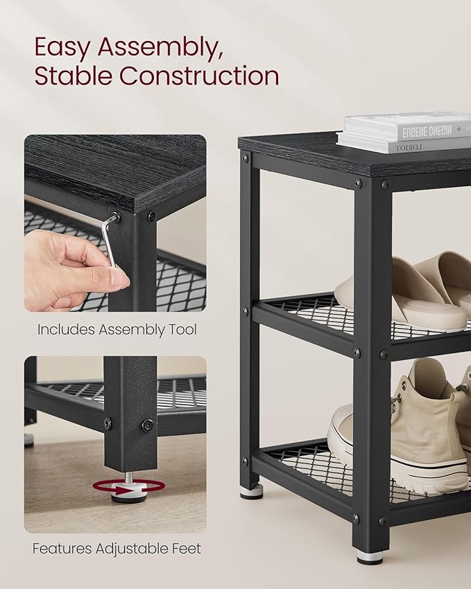 VASAGLE 3-Tier Shoe Rack, Shelf Storage Bench with Metal Mesh Shelves and Seat, Free Standing Shoe Organizer for Entryway, 11.8 x 28.7 x 17.7 Inches, Ebony Black and Black ULBS073B06