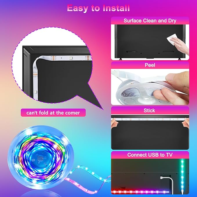Daymeet Led Lights for TV 16.4FT for 65-85in Tv, Music Sync RGB TV Led Baclights Color Changing Remote APP Control, USB Led Strip Lights for Gaming Room Home Decoration