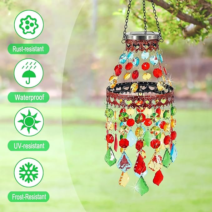 Hanging Solar Lanterns Outdoor Chandelier,2 Tier Acrylic Crystal Wind Chimes for Outside,Solar Lights Color Changing LED Outdoor Decorative for Paito,Porch,Yard