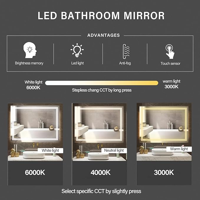 32x24 inch Wall Mounted LED Bathroom Mirror with 3000K-6000K Dimmable, Anti-Fog, Lighted Bathroom Mirror with Smart Touch Button, Memory Function(Horizontal/Vertical)