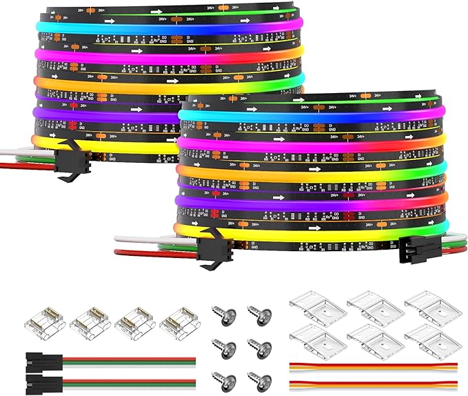 BTF-LIGHTING FCOB WS2811 IC RGB COB LED Strip DC24V 720LED/m Flexible High Density Uniform Chasing Color Light 2X16.4FT Total 32.8FT 20IC/m 12mm Width Black PCB(No Adapter or Controller)