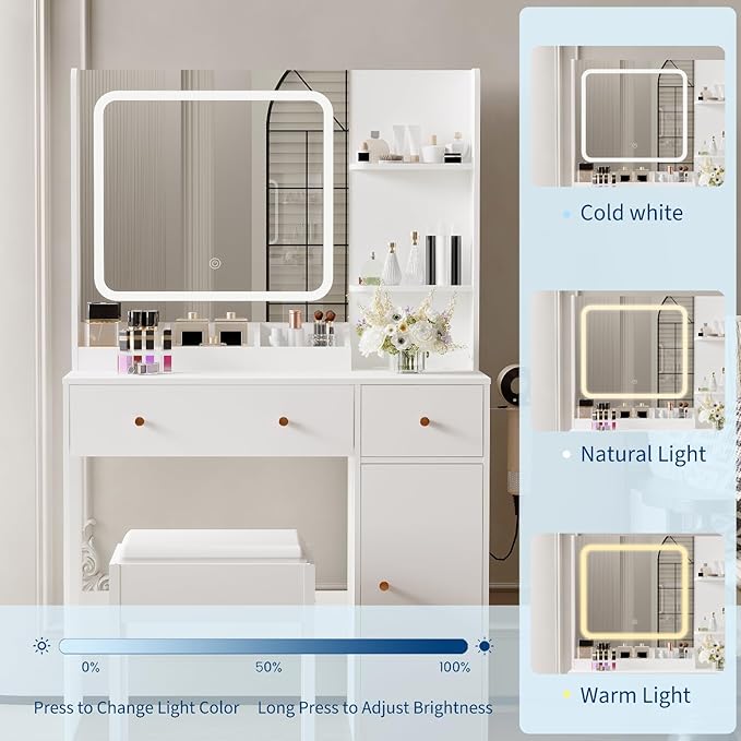 Vanity Desk with Mirror and Lights,Power Outlet,Makeup Vanity Table Set with Storage Drawers Shelves Cabinet& Chair,3 Lighting Modes & Adjustable Brightness,Dressing Table for Bedroom