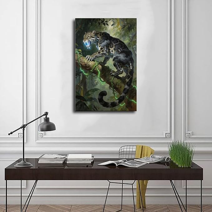 Framed Steampunk Mechanical Leopard Wall Art - Jungle Futuristic Beast Poster for Man Cave Living Room Decor 24x36inch(60x90cm)