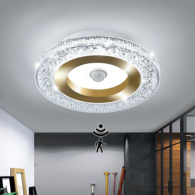 UOFUS Motion Sensor LED Ceiling Light Indoor Wired 7.84inch Gold Flush Mount Light Fixture 6400K Motion Activated Light for Closet Hallway Laundry Stairs Shower Porch Garage Basement