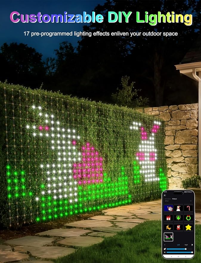 echosari 600 LED Net Lights Outdoor, 3.7 * 9.5ft Smart RGB&IC Net Lights with App/Remote Control, DIY Modes, Waterproof Mesh Light for Patio Bush Decor (Clear Wire)