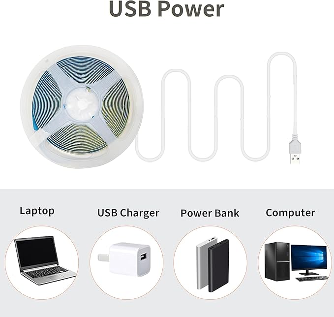 5V USB COB LED Strip Lights,6.56FT/2M,Ice Blue,320LEDs/M,8mm Width,Not Waterproof IP20,1M USB Cable,Flexible LED Tape Light for DIY Home Indoor Decoration