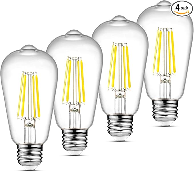 Ascher LED Edison Bulbs 6W, Equivalent 60W, High Brightness Cool White 4000K, 700 Lumens, ST58 Vintage LED Filament Bulbs with 80+ CRI, E26 Base, Non-Dimmable, Clear Glass, 4 Packs