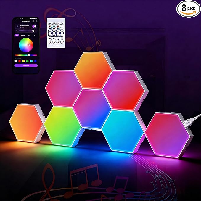 TISOFU Hexagon LED Lights - Big Hexa RGB Wall Panels 8 Pack, Wi-Fi Smart Home Creative Wall Light with Music Sync & APP, Works with Google Assistant & Alexa for Gaming Decor, Bedroom, Gift