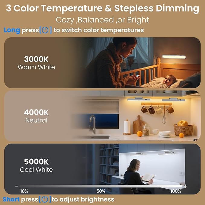 Motion Sensor Light Indoor with Battery Display,3000mAh Rechargeable Under Cabinet Lighting Magnetic Light Bar 300LM Battery Operated Closet Light Makeup Lights Stick On (White-A, Touch Control)