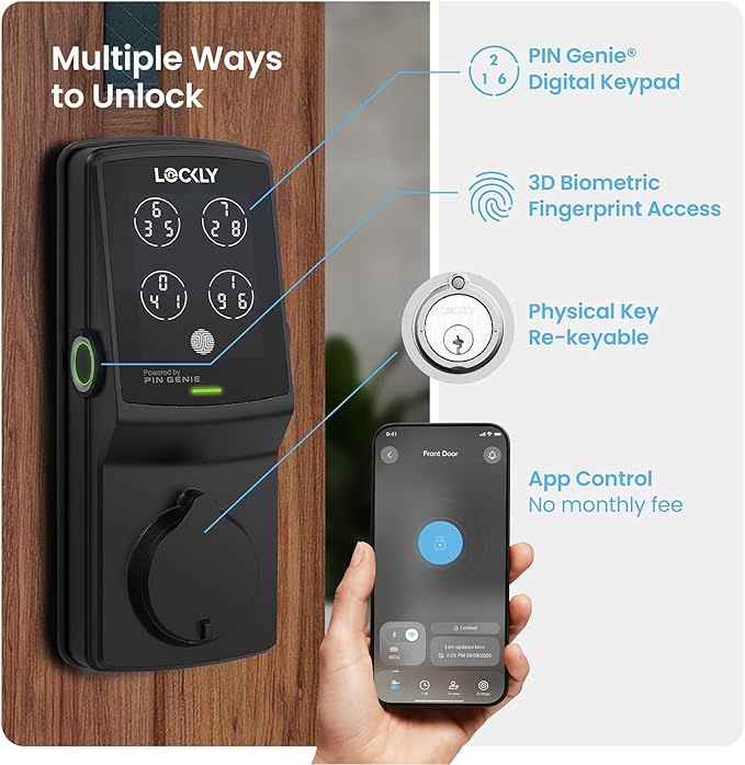 Lockly Secure Pro Wi-Fi Smart Door Lock, Keyless Entry with PIN Genie® Digital Keypad, 3D Biometric Fingerprint Sensor Front Door Lock Deadbolt, Voice Control & Auto Lock - Left Fingerprint Edition