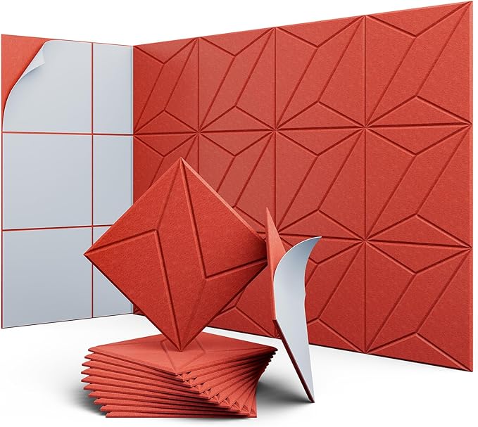 12 Pack 12" X 12" X 0.4" Acoustic Panels for Wall Sound Absorbing, P-Stripes Square Self-Adhesive Sound Panel, High Density Suitable for Multiple Scenarios(Cherry Red)