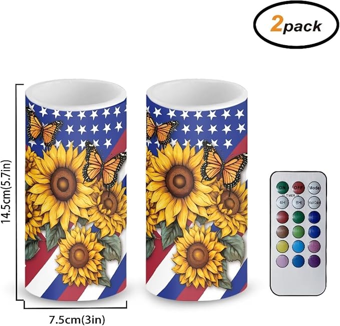 Independence Decorations Indoor Candles with Butterfly Sunflower American Flag Flameless Candles with Remote and Timer Set of 2 Battery Operated LED Candles for Festival Gift Home Room Decor