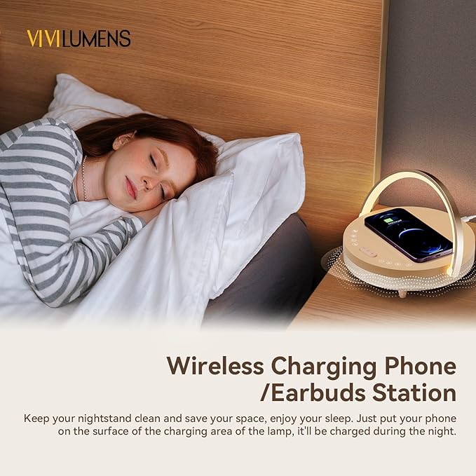 Vivilumens Birthday Gifts for Women 6 in 1 Bedside Lamps with Wireless Charger Bluetooth Speaker White Noise Machine Timer Setting Dimmable Touch Personalized Night Light with Phone Holder(Pink